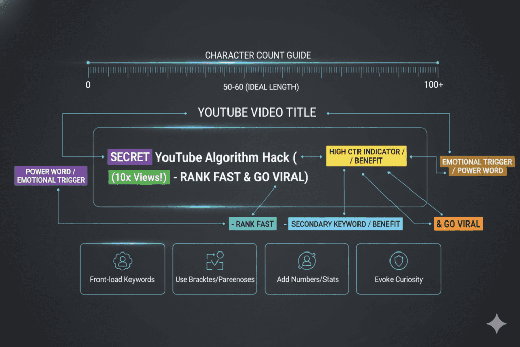 Labeled diagram of a YouTube video title showing keyword placement, character count guide, power word zones and emotional trigger areas, clean infographic style