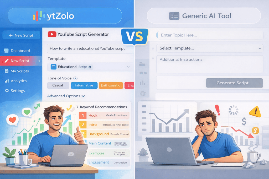  Side-by-side comparison of ytZolo vs generic AI tool interface, YouTube creator using ytZolo with positive results chart in background