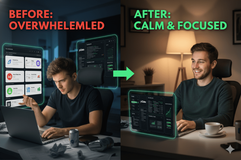 YouTube Content Automation AI: The Complete 2026 Guide to Growing Your Channel on Autopilot 7 Side-by-side comparison showing a creator overwhelmed with 6 different open browser tabs for separate AI tools vs a creator calmly using one ytZolo dashboard, bold editorial split-screen