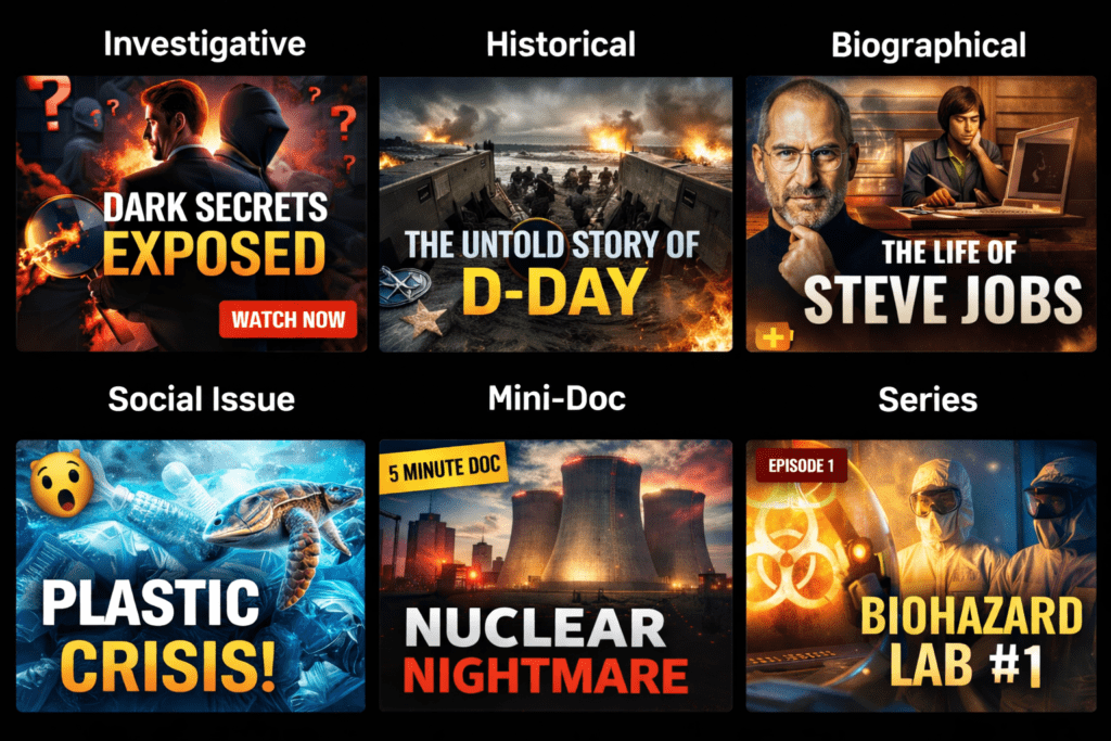 Six YouTube documentary thumbnail style mockups side by side — investigative, historical, biographical, social issue, mini-doc, series — dramatic cinematic thumbnail treatment