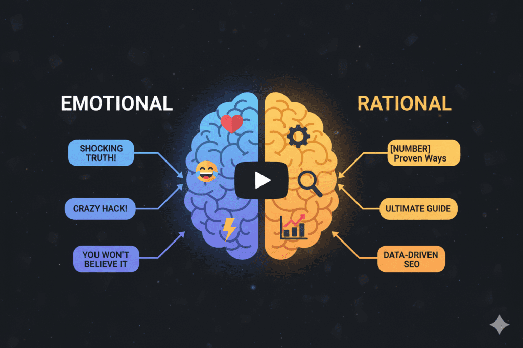 Split brain illustration showing emotional vs rational response to YouTube titles, creative neuroscience infographic, modern flat design, blue and orange tones, 