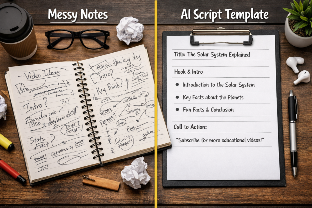Split screen showing disorganized handwritten notes vs. clean AI-generated script template, educational YouTube content creator