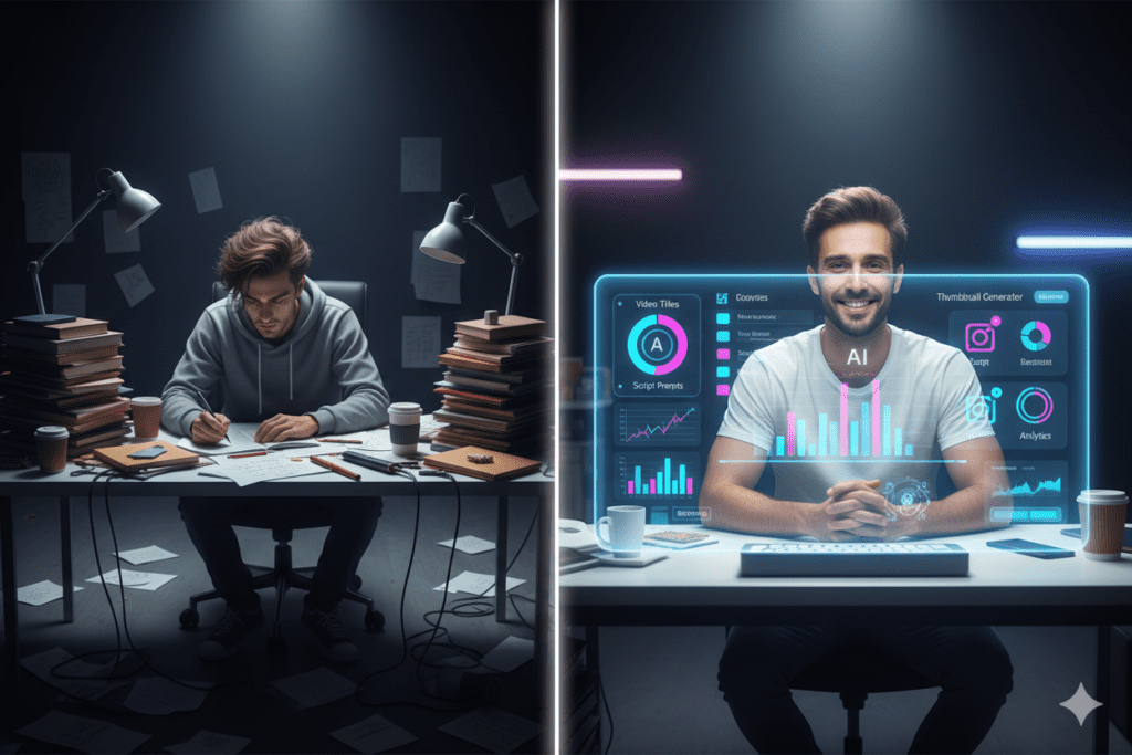  Split screen — exhausted creator surrounded by messy notes vs. energized creator smiling at clean AI-powered dashboard, modern studio