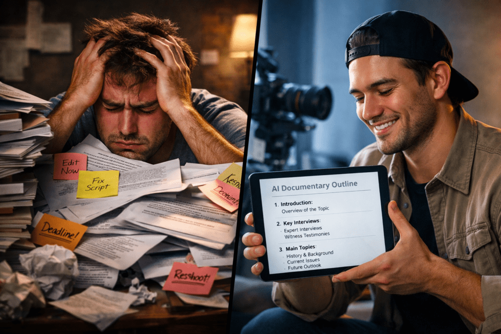 Split-screen-—-stressed-creator-buried-in-printed-transcripts-and-sticky-notes-on-the-left-vs.-calm-creator-smiling-at-a-clean-