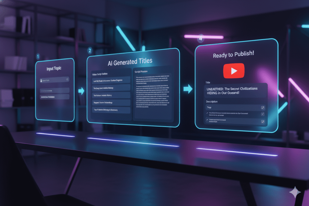 Step-by-step numbered walkthrough of ytZolo interface with screenshots of topic input, title generation, script output, and publish stage — clean UI mockup