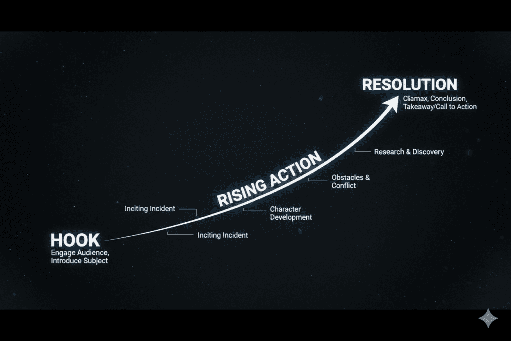 Three-act documentary script structure arc — Hook, Rising Action, Resolution — with key storytelling milestones labeled as a rising curve, cinematic dark background with bold white typography, 