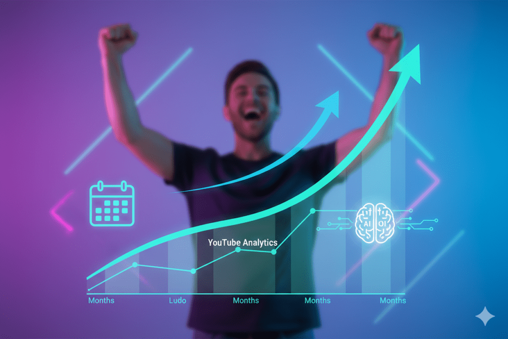  Upward curving YouTube analytics growth chart with a calendar and AI brain icon overlaid, bright gradient background, creator celebrating in background