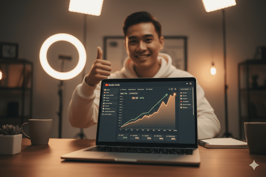 Upward trending YouTube analytics graph on a laptop screen with a smiling creator in background, warm studio lighting, realistic photo style