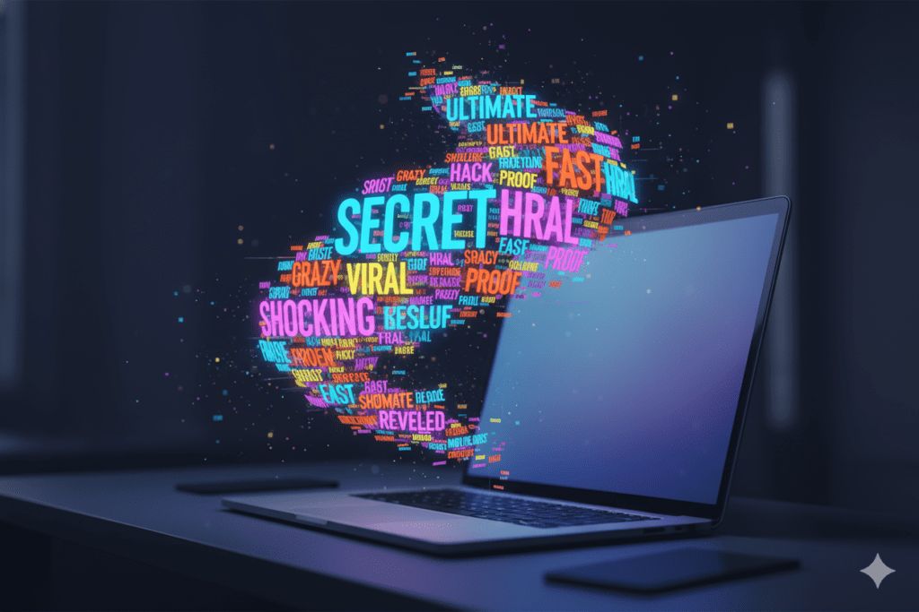 Vibrant word cloud of YouTube power words floating above a glowing screen, dynamic colorful design, marketing energy,