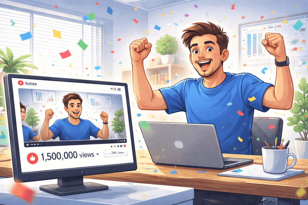Viral YouTube video with high view count, creator celebrating at desk, confetti effect, energetic modern workspace,