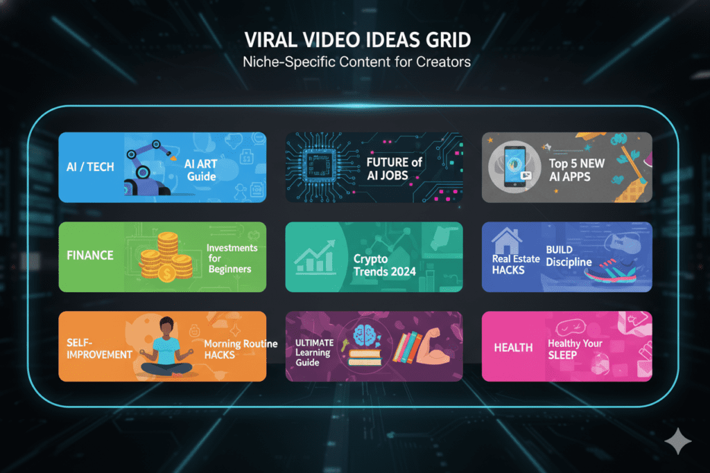 Visual grid of content idea cards organized by niche category with colorful category badges, thumbnail-style mockups for each idea, vibrant creator-focused design, 