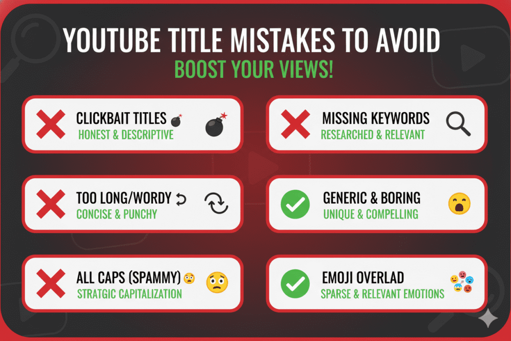 Warning-style graphic showing six common YouTube title mistakes with red X icons and corrective tips, bold design with creator-themed visuals