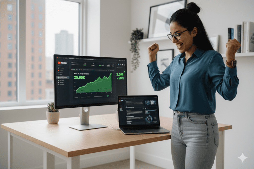 YouTube analytics dashboard showing dramatic increase in views and watch time after using AI script template, success metrics visualization