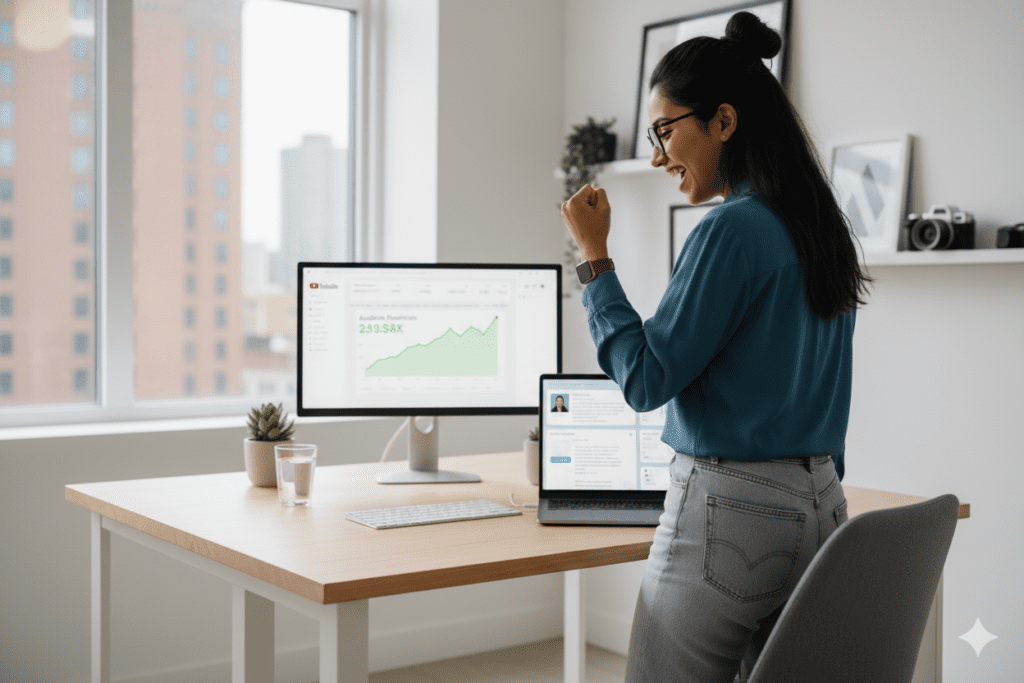 YouTube analytics dashboard showing high audience retention graph, creator celebrating channel growth, bright tech aesthetic