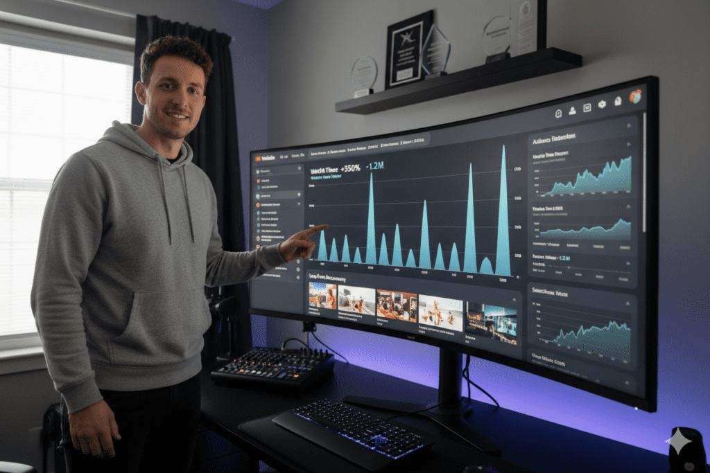 YouTube analytics dashboard showing high watch-time spikes for documentary-style long-form videos, creator pointing at growth metrics on large monitor,
