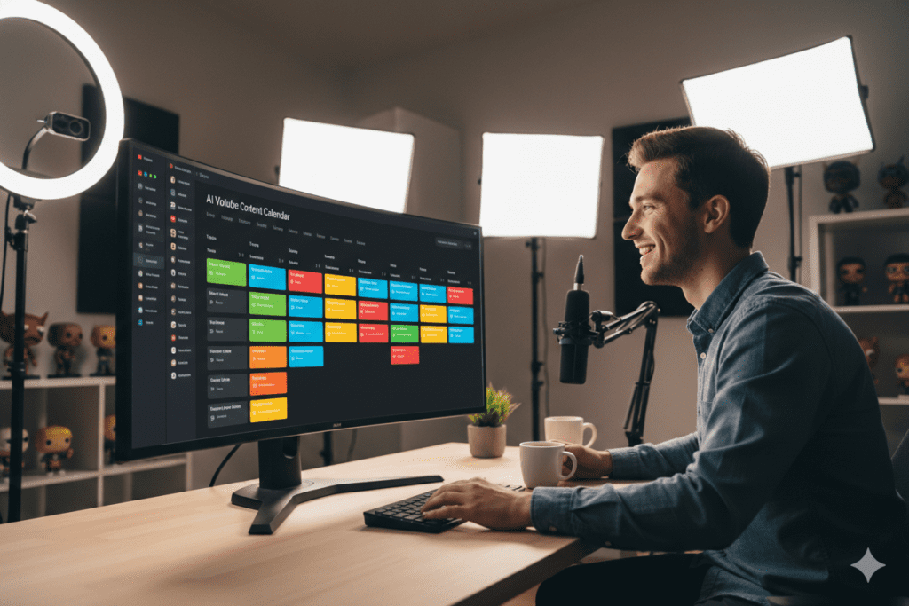 YouTube content calendar on a large monitor with color-coded video topics by content pillar, creator reviewing it with coffee in hand, warm home studio