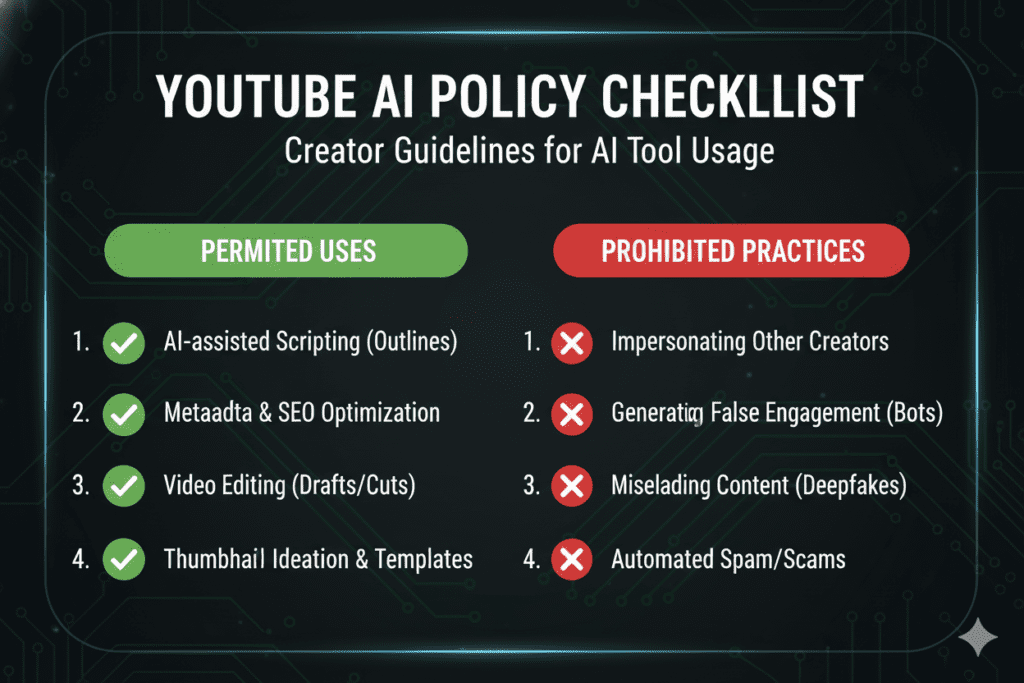 YouTube Content Automation AI: The Complete 2026 Guide to Growing Your Channel on Autopilot 9 YouTube policy checklist infographic showing green checkmarks for permitted AI uses and red X marks for prohibited practices, clean bold educational design