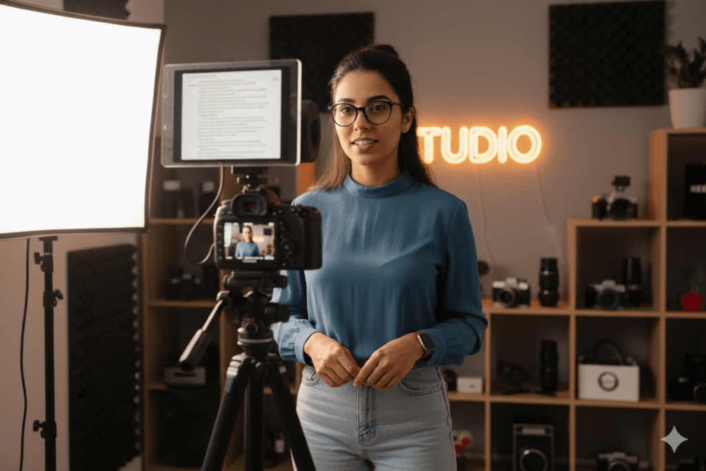 YouTuber confidently recording in front of camera, teleprompter showing script, professional home studio setup, warm lighting