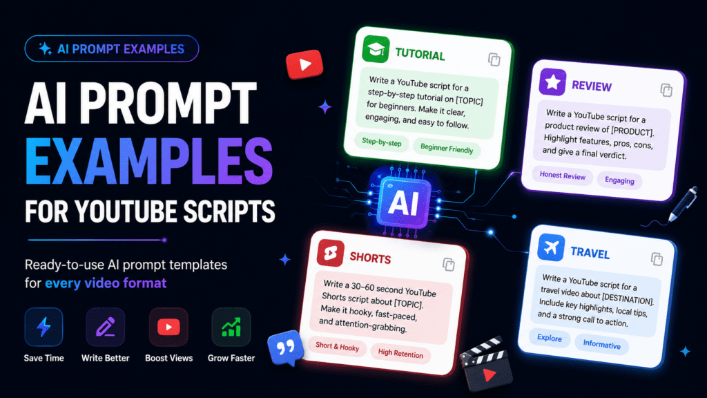 Best AI Script Generator for YouTube : 12 Tools Compared + Expert Buying Guide 7 AI prompt examples for YouTube scripts illustration