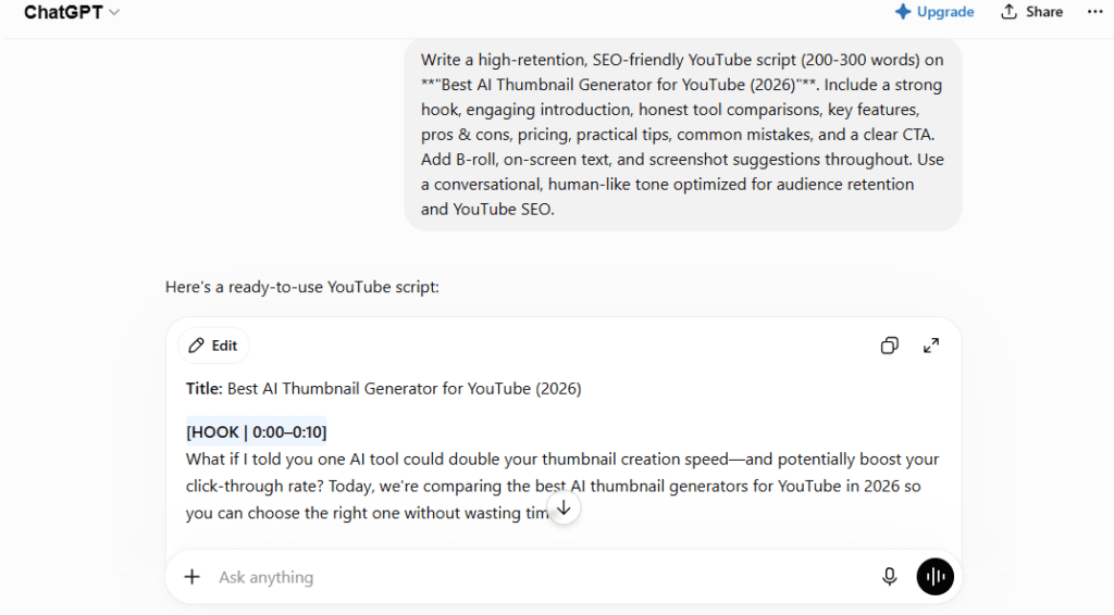 ChatGPT YouTube script prompt interface