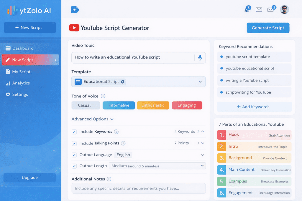  ytZolo AI dashboard showing script generation interface, clean modern UI, YouTube creator workflow, vibrant colors