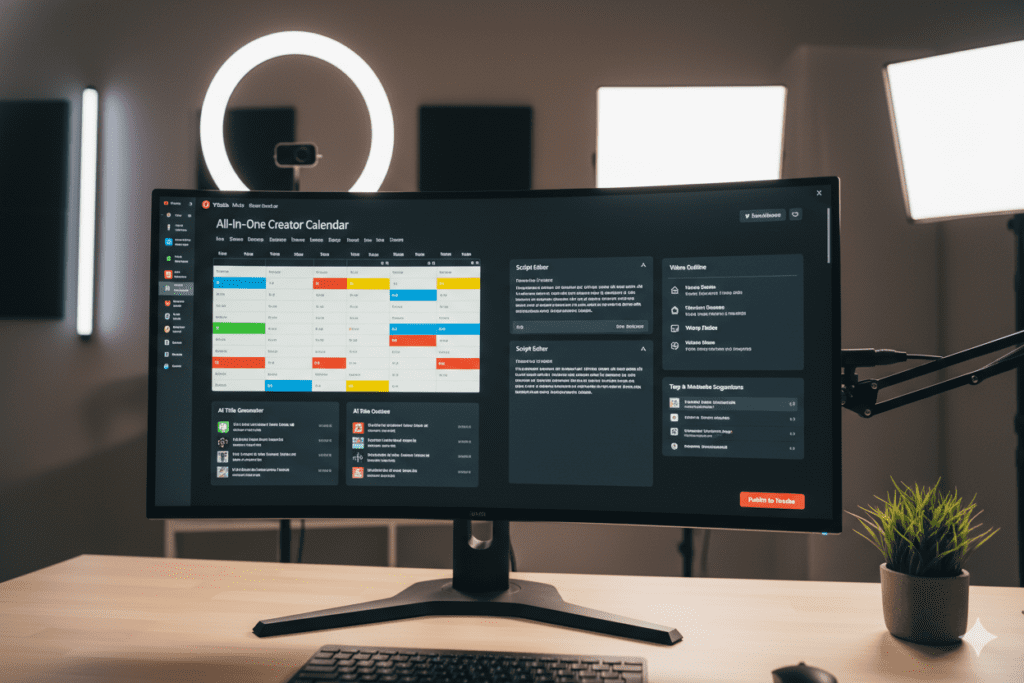 ytZolo all-in-one dashboard mockup showing content calendar, AI title generator, script editor, and tag suggestions in a sleek dark UI with YouTube-branded colors