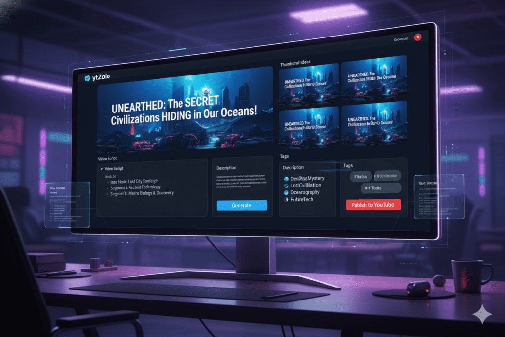 ytZolo dashboard mockup showing AI-generated title, script, description, tags, and thumbnail idea options for a YouTube video, sleek dark UI, glowing interface,