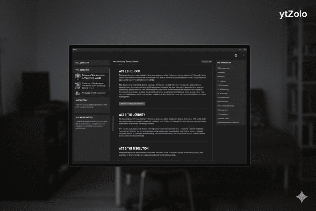 ytZolo dashboard mockup showing documentary script editor with three-act structure visible, title generator panel, description writer, and tag suggestions in sleek cinematic dark UI