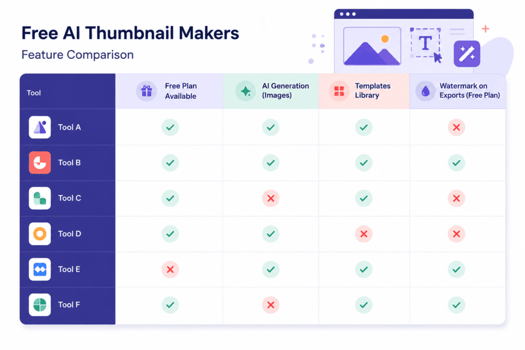 Free AI YouTube Thumbnail Maker: The Complete 2026 Guide to Choosing the Right Tool 11 Infographic comparing free AI YouTube thumbnail maker tools by features and limitations