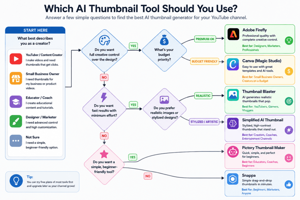 Best Free AI Thumbnail Generator in 2026: An Honest Comparison for YouTube Creators 12 AI thumbnail generator decision tree for YouTube creators