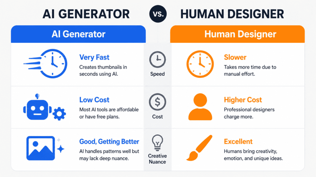 Best AI YouTube Thumbnail Generator: A Tested, Evidence-Based Comparison (2026) 9 AI thumbnail generator versus human designer comparison graphic