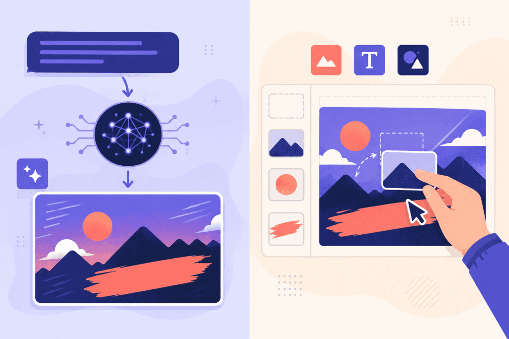 Free AI YouTube Thumbnail Maker: The Complete 2026 Guide to Choosing the Right Tool 1 Diagram comparing AI thumbnail generation workflow to template-based thumbnail editing workflow
