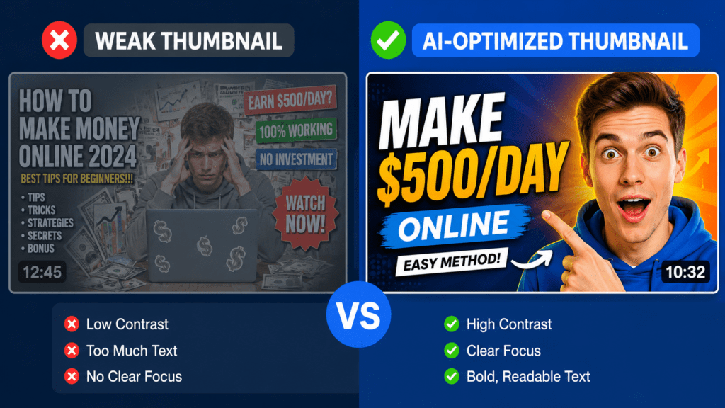 Best AI YouTube Thumbnail Generator: A Tested, Evidence-Based Comparison (2026) 1 Comparison of low-contrast versus AI-generated high-contrast YouTube thumbnail