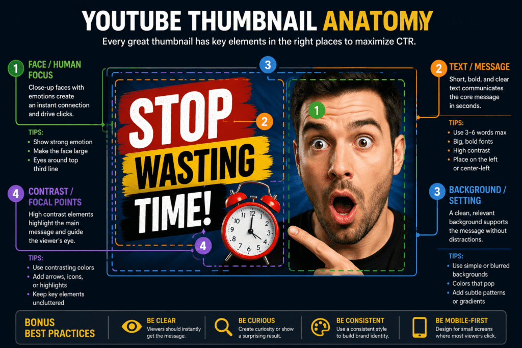 Best Free AI Thumbnail Generator in 2026: An Honest Comparison for YouTube Creators 14 Thumbnail anatomy diagram showing key zones for CTR optimization