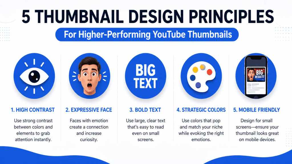 Best AI YouTube Thumbnail Generator: A Tested, Evidence-Based Comparison (2026) 2 Infographic showing five YouTube thumbnail design principles for AI thumbnail makers