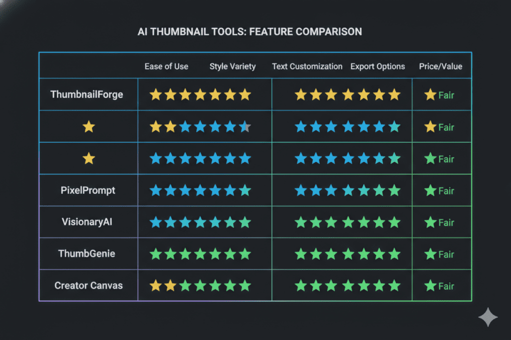 Best AI Thumbnail Generator for YouTube (2026 Guide) 15 AI thumbnail generator feature comparison chart for YouTube