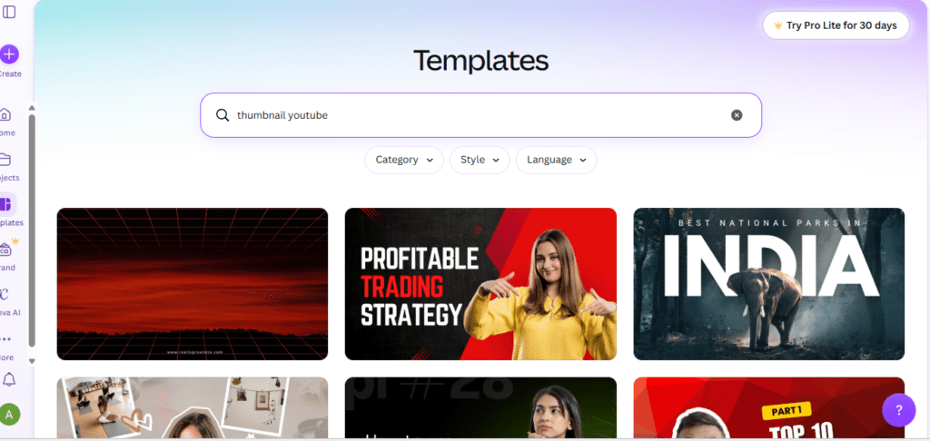 Best AI Thumbnail Generator for YouTube (2026 Guide) 6 Canva AI thumbnail creator showing YouTube thumbnail templates