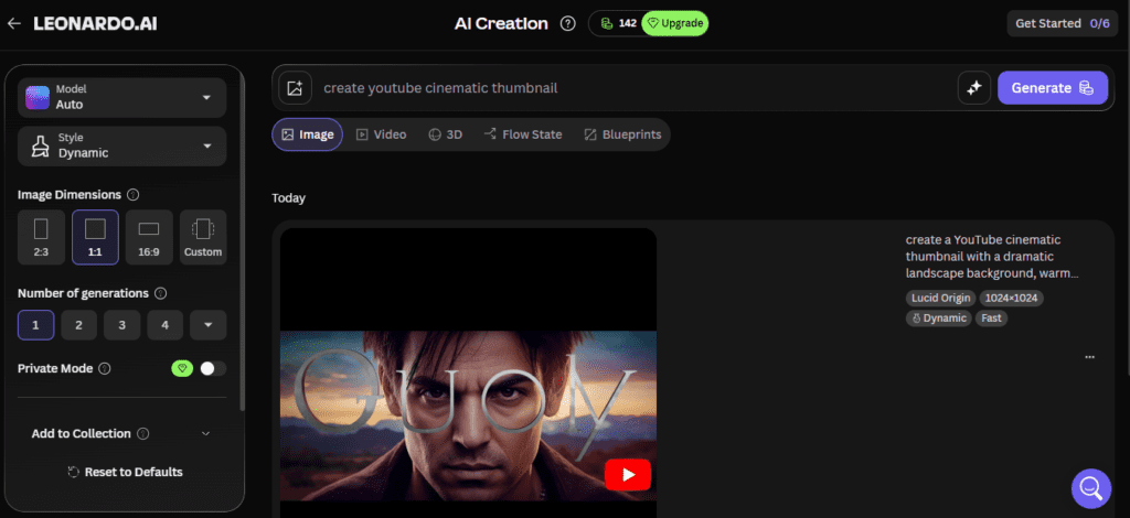 Best AI Thumbnail Generator for YouTube (2026 Guide) 9 Leonardo AI generating cinematic YouTube thumbnail image