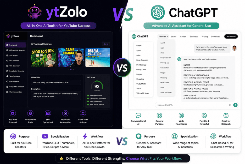 ytZolo vs ChatGPT: Which AI Tool Is Better for YouTube Creators in 2026? 3 ytZolo vs ChatGPT feature comparison matrix for YouTube AI tools