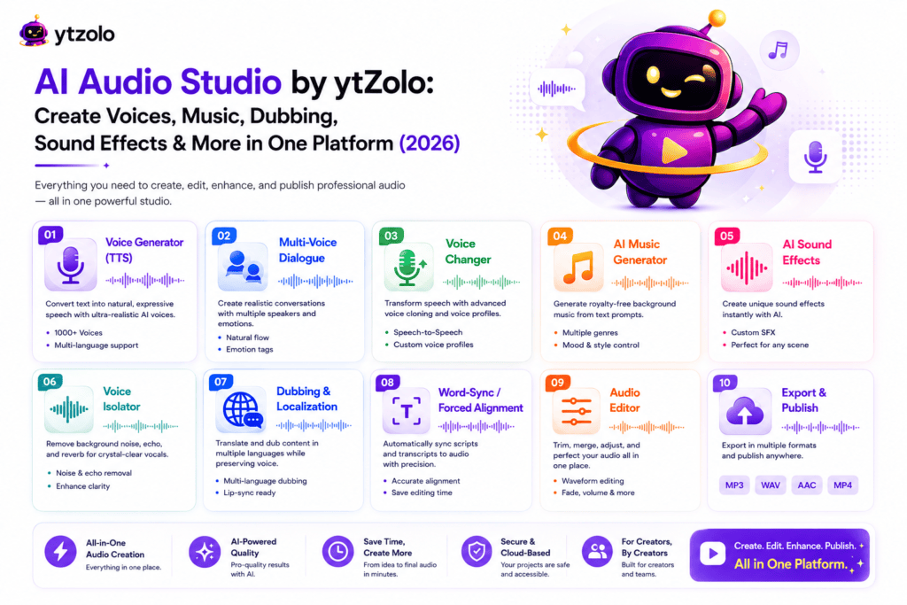 AI Audio Studio by ytZolo: Create Voices, Music, Dubbing, Sound Effects & More in One Platform (2026) 1 AI Audio Studio by ytZolo Create Voices, Music, Dubbing, Sound Effects & More in One Platform (2026)