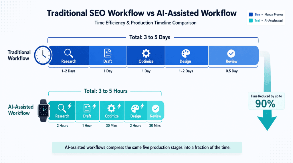 Infographic comparing timeline length of a traditional SEO workflow versus anAI SEO content workflow
