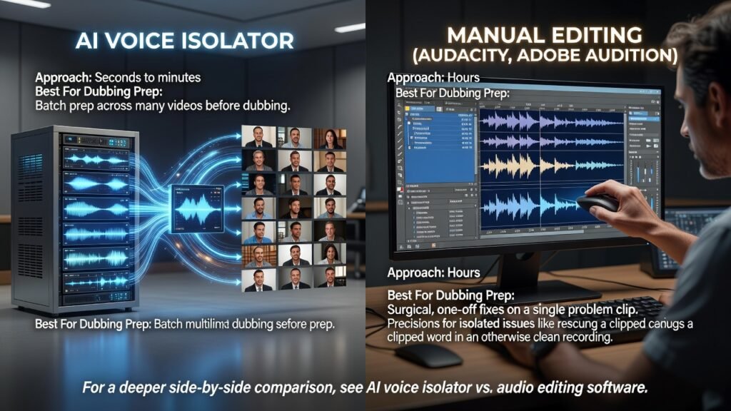 Voice Isolation for Video Dubbing: A Step-by-Step Workflow 7 AI Voice Isolator vs. Manual Audio Editing for Dubbing Prep