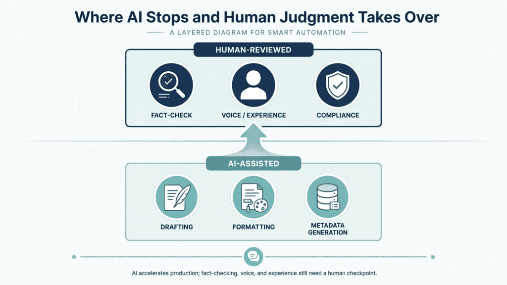 AI accelerates production; fact-checking, voice, and experience still need a human checkpoint.