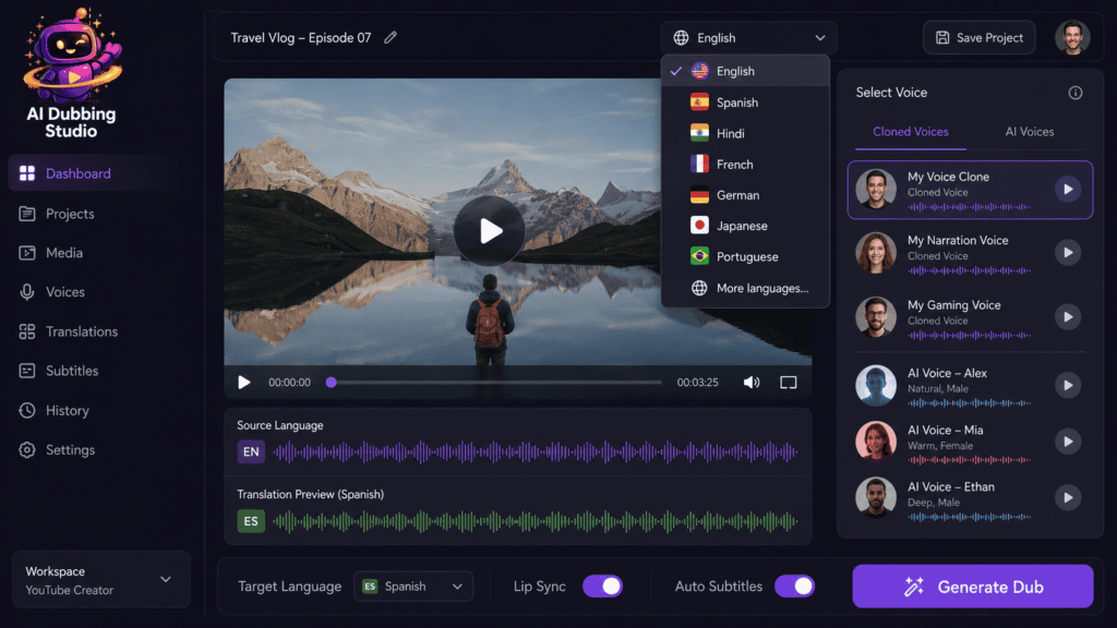 How to Dub a YouTube Video into Multiple Languages Using AI (Step-by-Step) 5 AI dubbing studio voice selection interface for YouTube