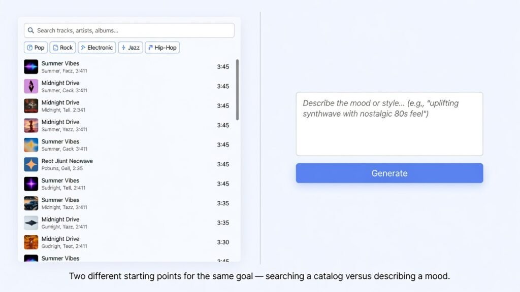 AI Music Generator vs. Stock Music Libraries: Which Should You Use? 2 AI music generator prompt box compared to a stock music library search interface