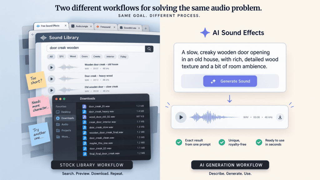 AI Sound Effects vs Stock Sound Libraries: Which Should YouTubers Use? 1 AI sound effects vs stock library workflow comparison illustration.