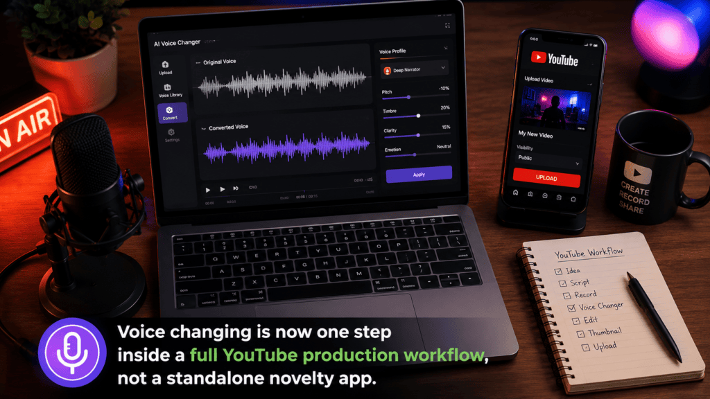 AI Voice Changer for YouTube: A Creator's Guide to Voice Conversion in 2026 1 AI voice changer for YouTube creator workflow with microphone and waveform editor