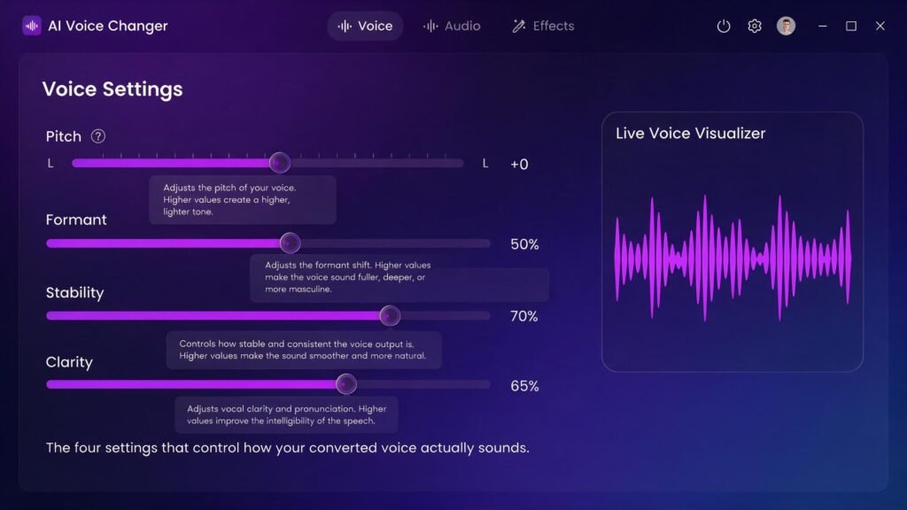 AI voice changer settings panel showing pitch, formant, stability, and clarity sliders