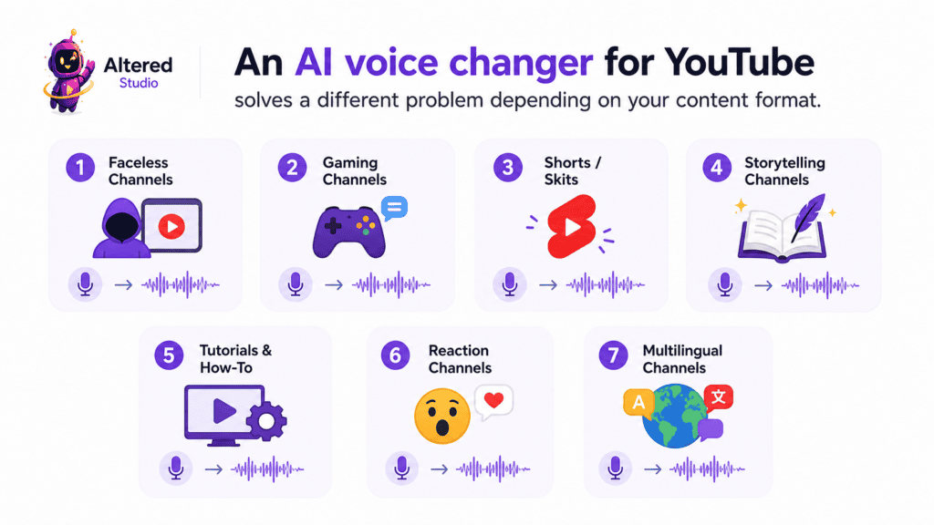 AI Voice Changer for YouTube: A Creator's Guide to Voice Conversion in 2026 2 AI voice changer use cases across YouTube channel niches