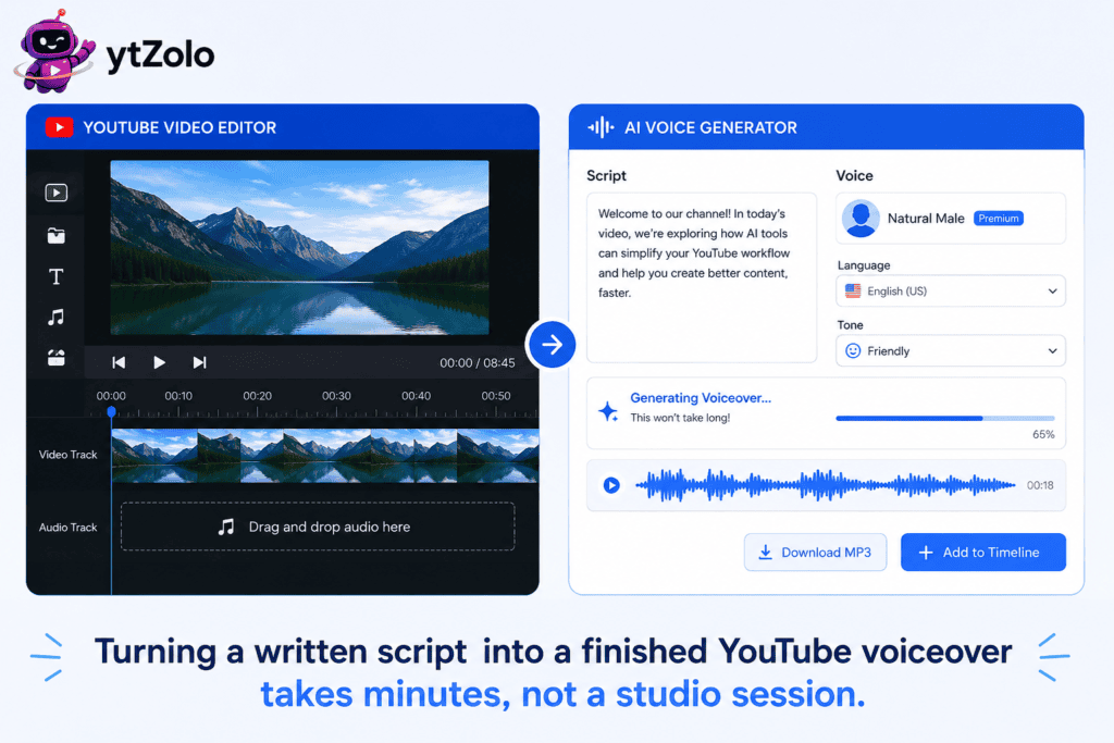 AI voice generator creating a voiceover for a YouTube video timeline
